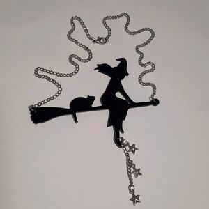 Gloss Black Flying Witch and Black Cat Necklace
